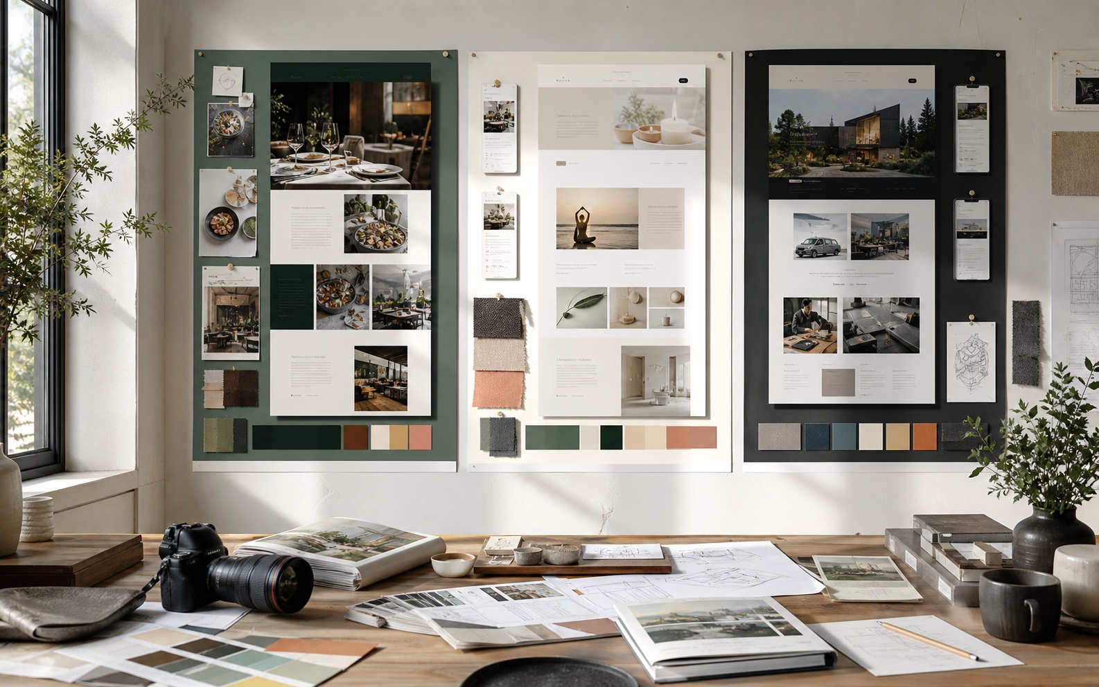 Three daylight website direction boards for hospitality, wellness, and local service projects with mood imagery, swatches, mobile studies, and wireframes