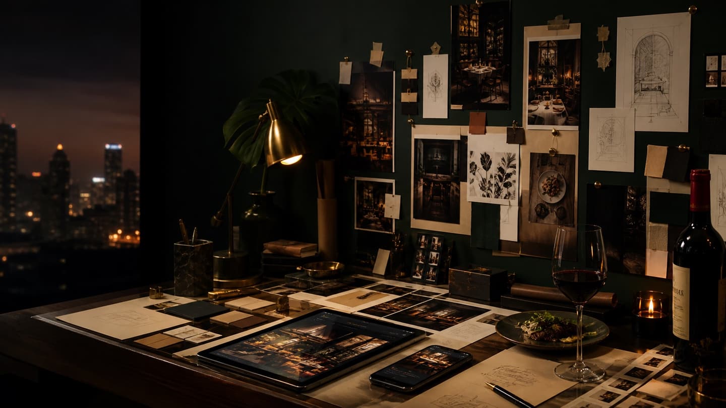A Bangkok design desk with a pinned mood board, wine, menu sketches, phone wireframes, paper swatches, and warm restaurant photography