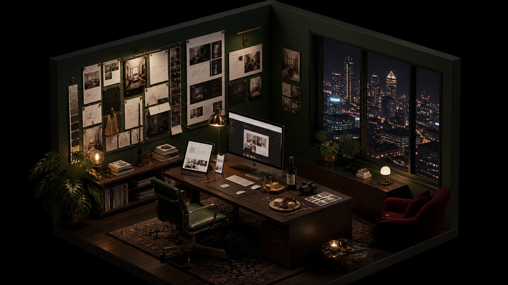 A premium 3D isometric design studio room with mood boards, website mockups, Bangkok night skyline, wine, desk objects, and warm lighting