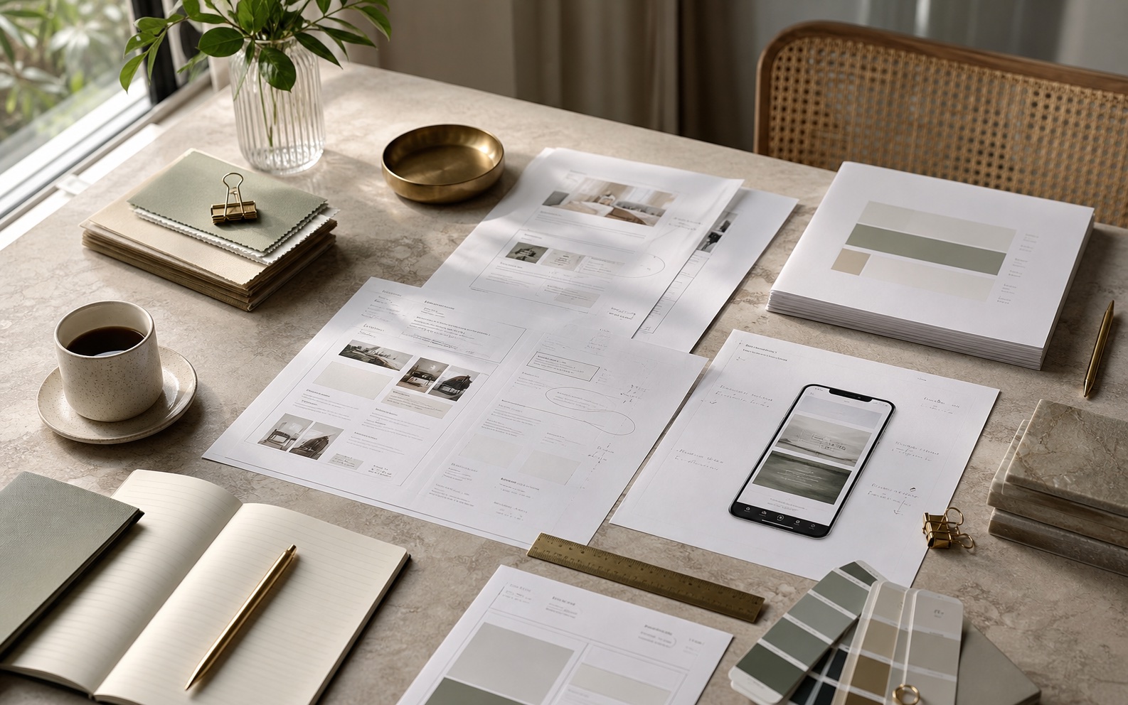 A daylight website audit desk with printed page reviews, proposal sheets, mobile layout, notebook, coffee, brass ruler, and color swatches
