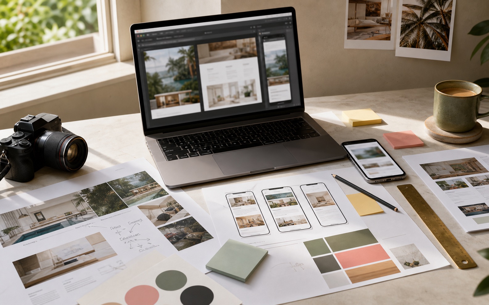Bright studio process desk with a laptop, mobile layouts, marked-up website printouts, color swatches, camera, coffee, notes, and launch planning materials