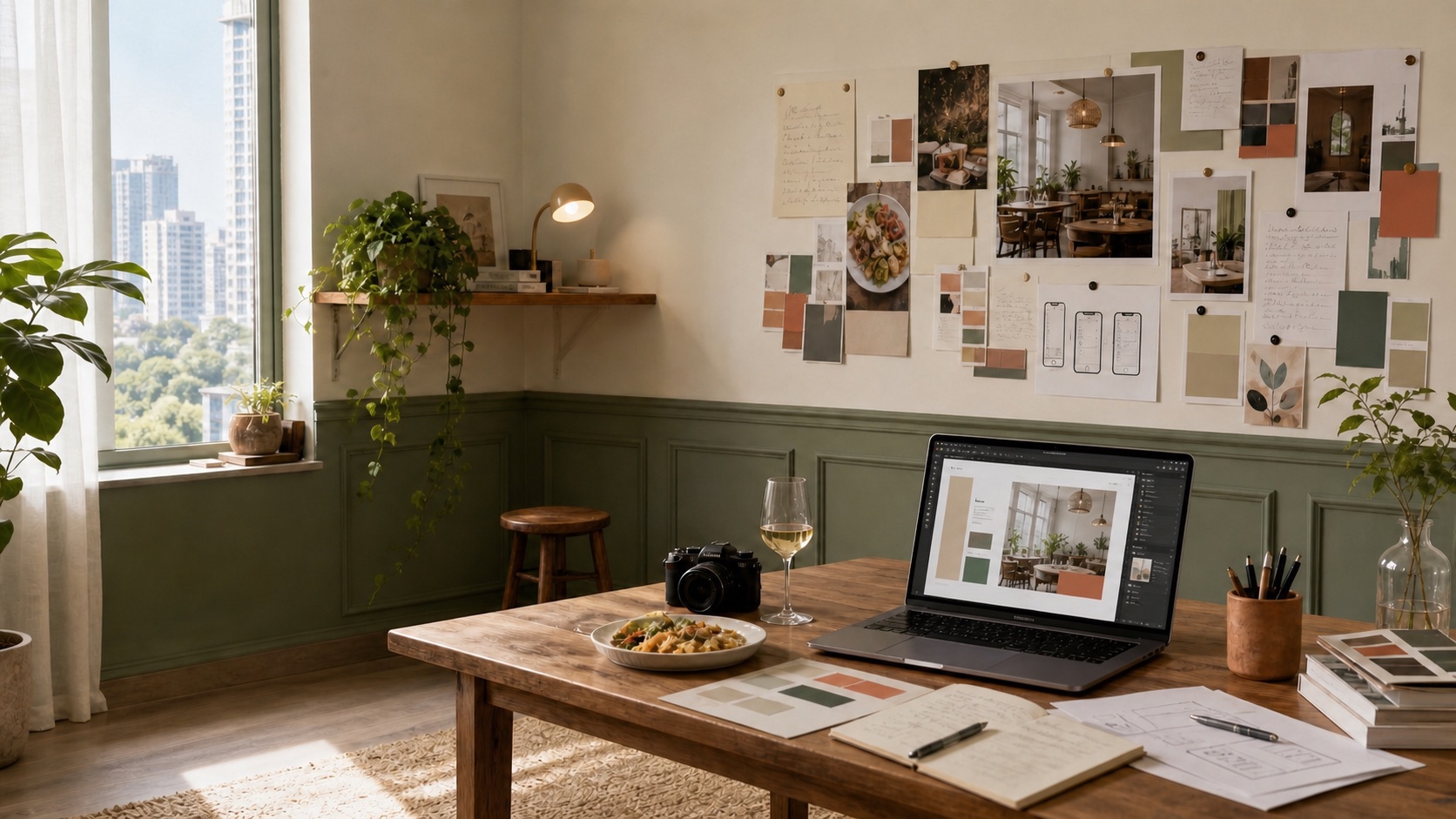 Bright Bangkok website design studio room with a window, pinned mood boards, restaurant references, food, wine, camera, sketchbook, and a laptop screen showing a design workspace