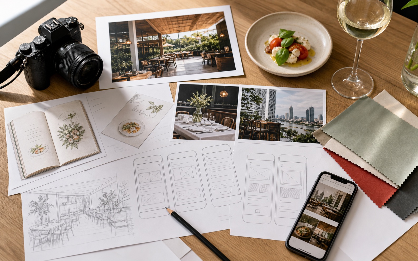A daylight hospitality website concept board with restaurant photography, menu sketches, booking flow wireframes, color swatches, food, wine, camera, and mobile action references