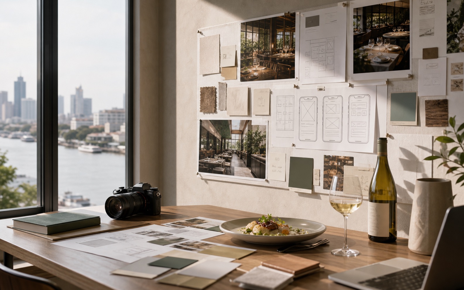 Bright Bangkok design desk with a mood board, wireframe sketches, food, wine, camera, laptop, and restaurant reference photos